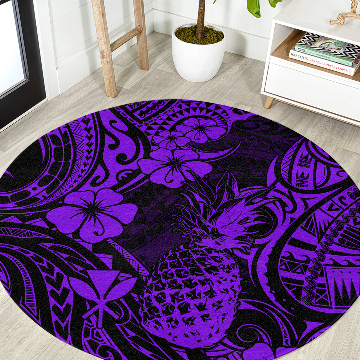 hawaii-pineapple-round-carpet-polynesian-pattern-purple-version