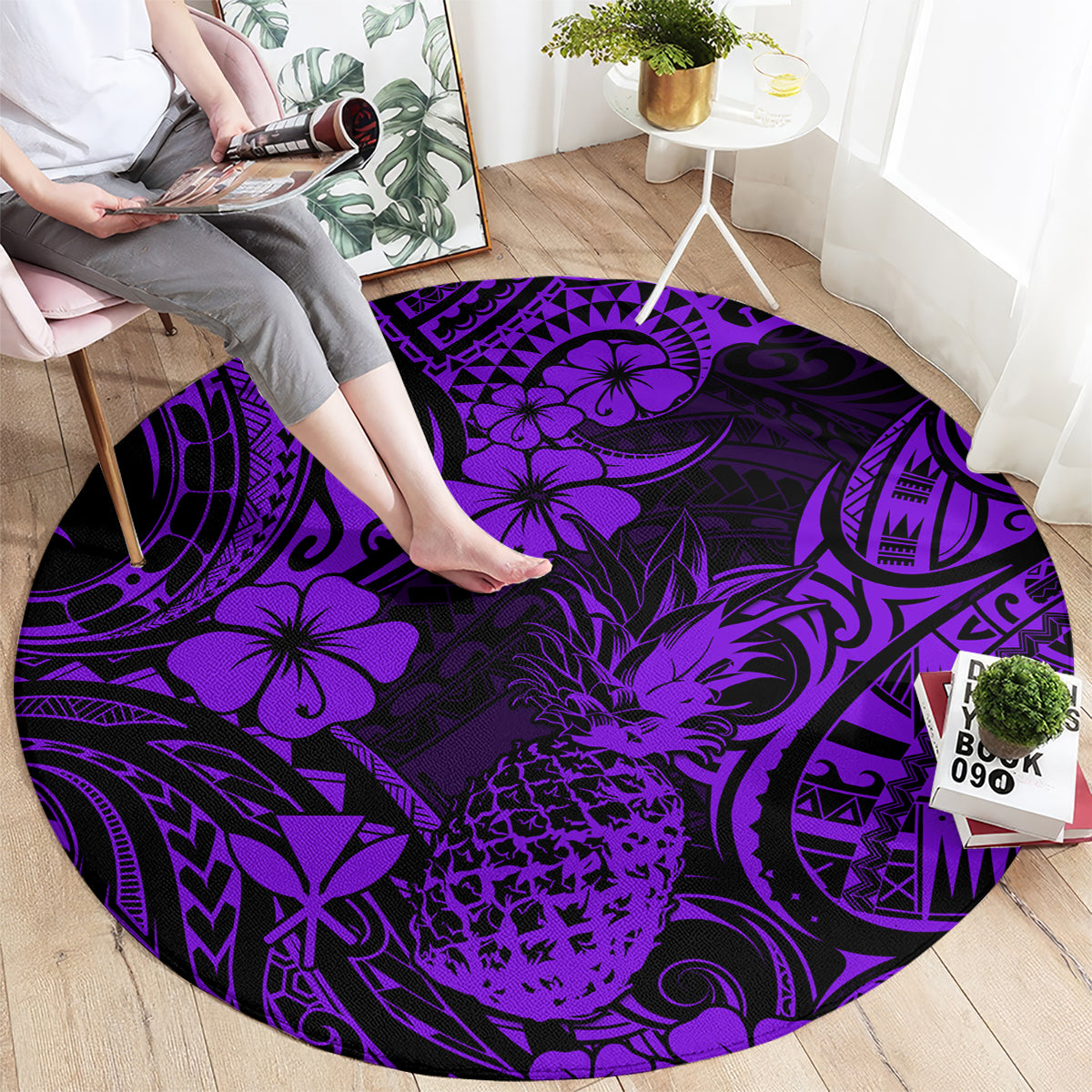 hawaii-pineapple-round-carpet-polynesian-pattern-purple-version