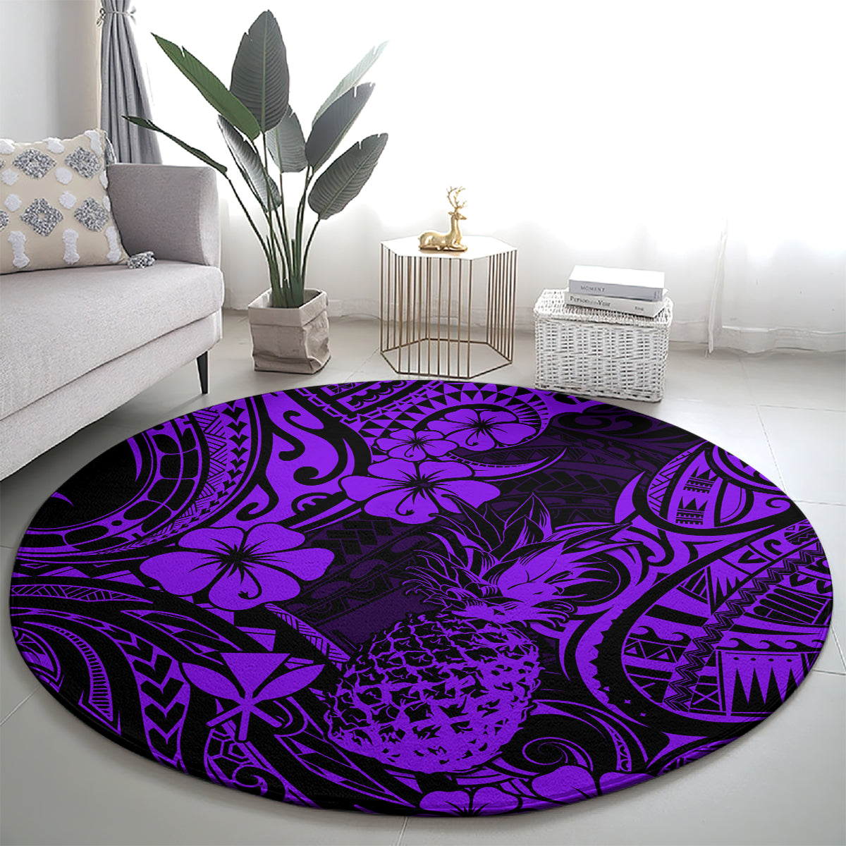 hawaii-pineapple-round-carpet-polynesian-pattern-purple-version