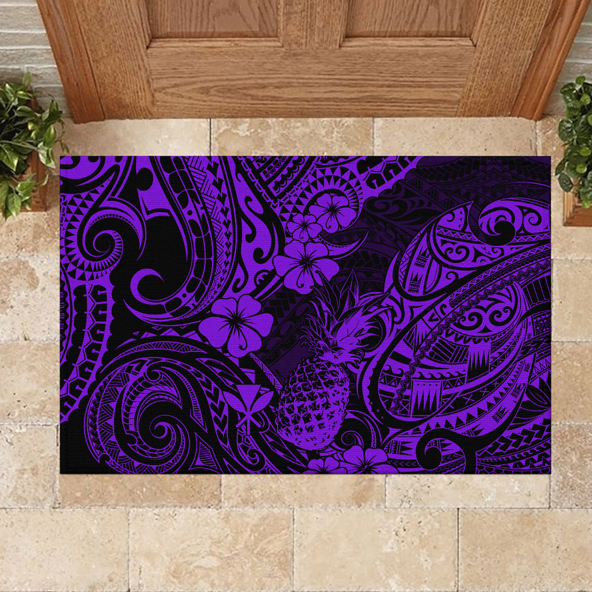 Hawaii Pineapple Rubber Doormat Polynesian Pattern Purple Version - Wonder Print Shop