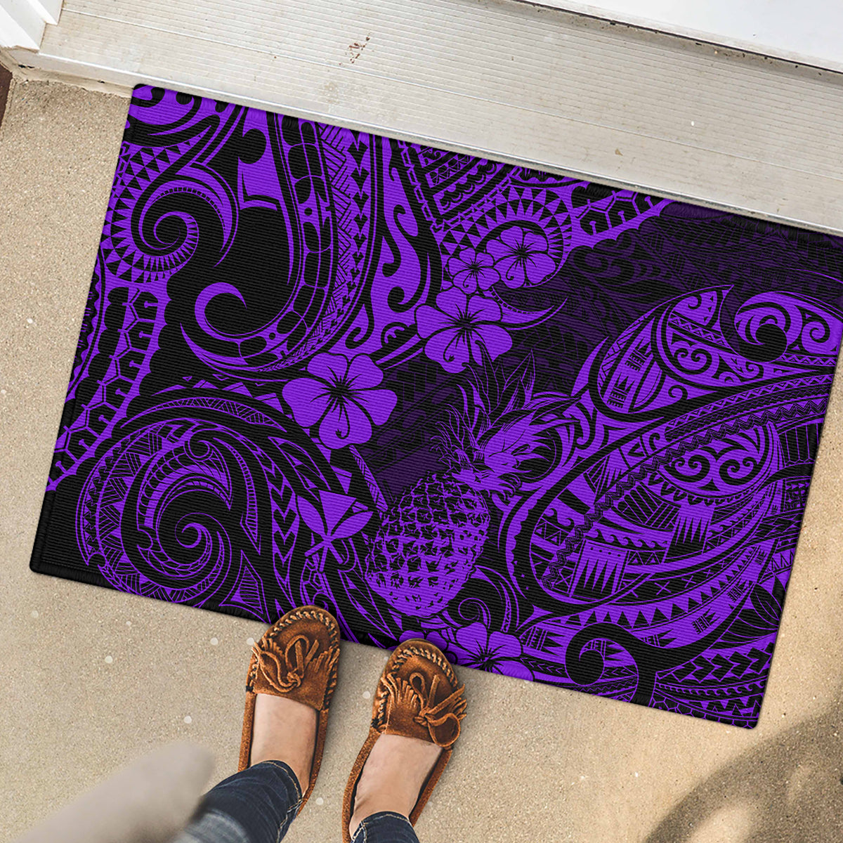 Hawaii Pineapple Rubber Doormat Polynesian Pattern Purple Version - Wonder Print Shop