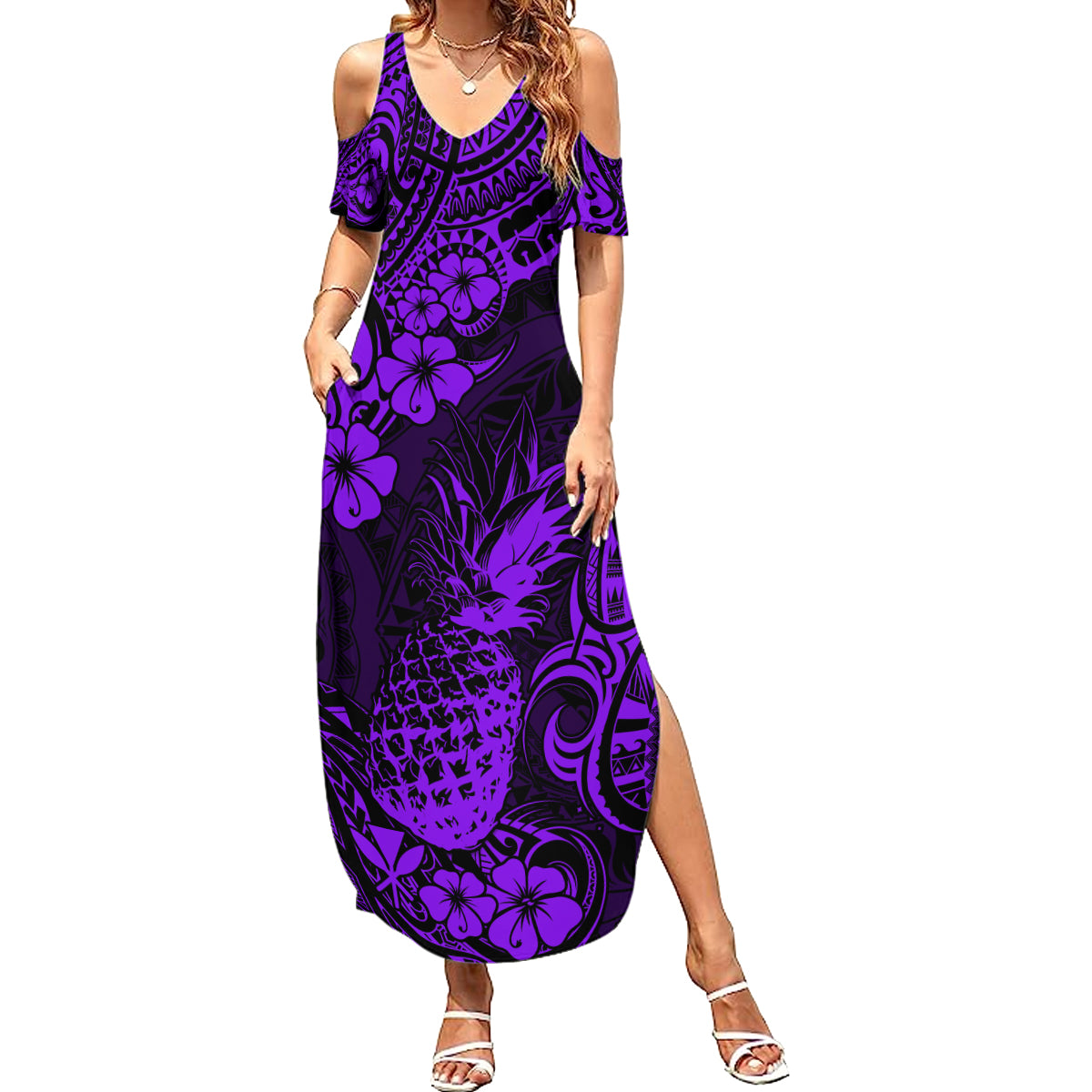 Hawaii Pineapple Summer Maxi Dress Polynesian Pattern Purple Version - Wonder Print Shop