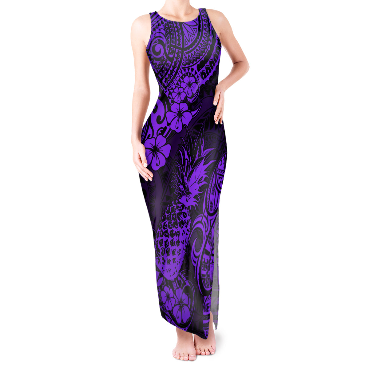 Hawaii Pineapple Tank Maxi Dress Polynesian Pattern Purple Version - Wonder Print Shop