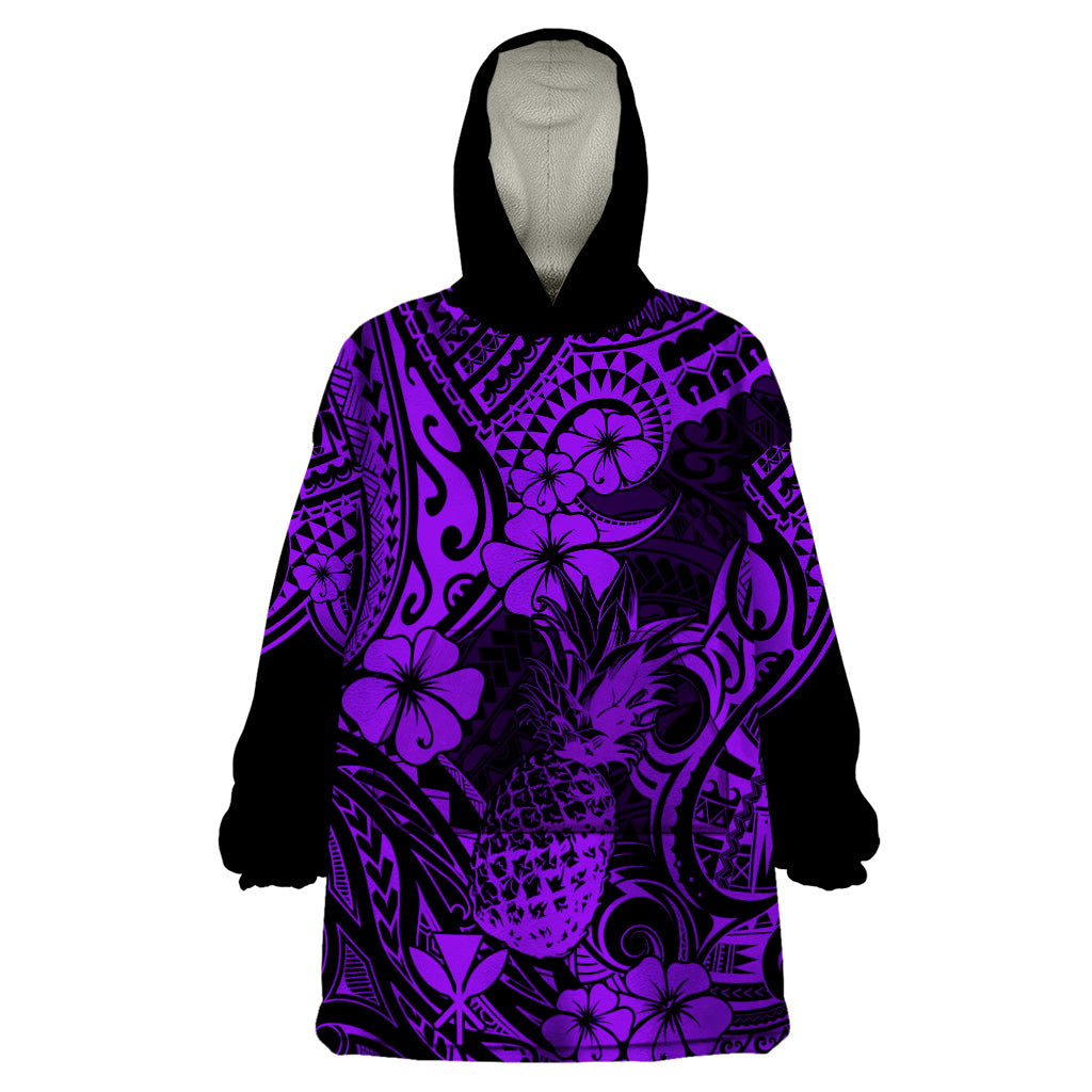 Hawaii Pineapple Wearable Blanket Hoodie Polynesian Pattern Purple Version - Wonder Print Shop