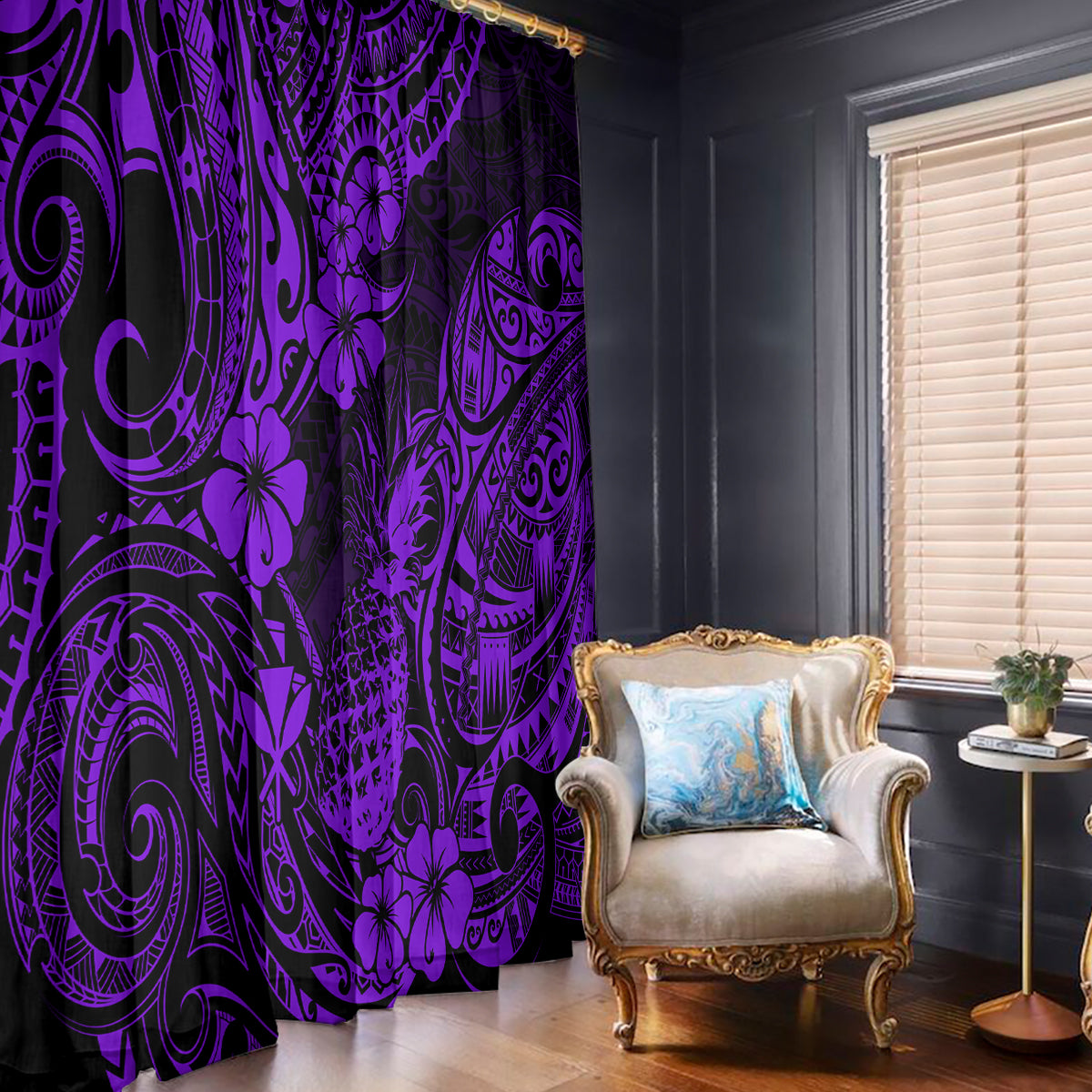Hawaii Pineapple Window Curtain Polynesian Pattern Purple Version - Wonder Print Shop