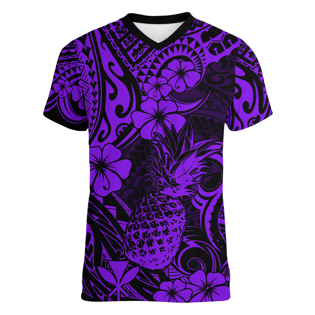 Hawaii Pineapple Women V Neck T Shirt Polynesian Pattern Purple Version - Wonder Print Shop