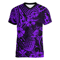 Hawaii Pineapple Women V Neck T Shirt Polynesian Pattern Purple Version - Wonder Print Shop