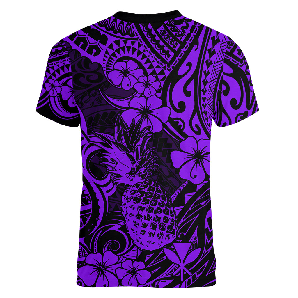Hawaii Pineapple Women V Neck T Shirt Polynesian Pattern Purple Version - Wonder Print Shop