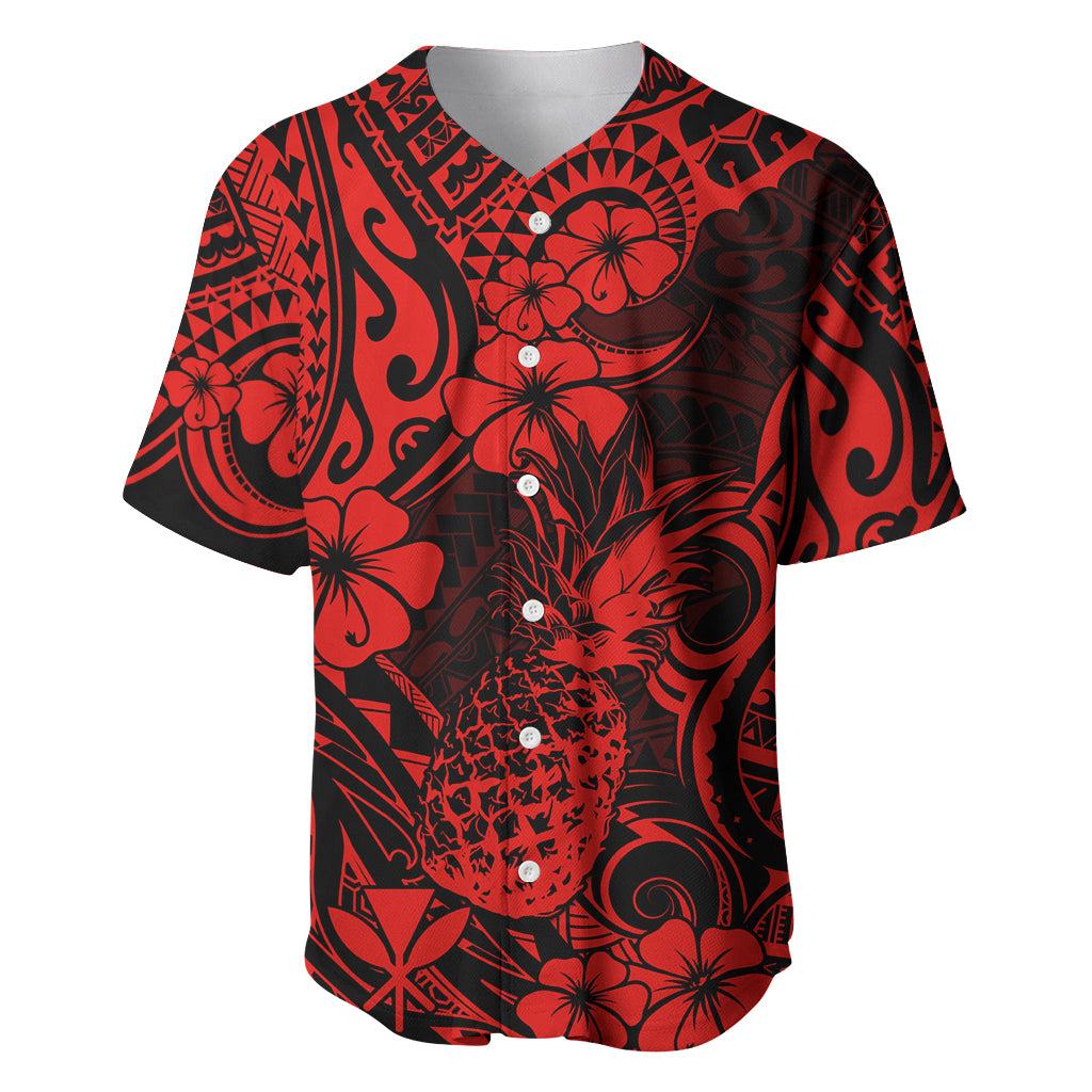 Hawaii Pineapple Baseball Jersey Polynesian Pattern Red Version - Wonder Print Shop