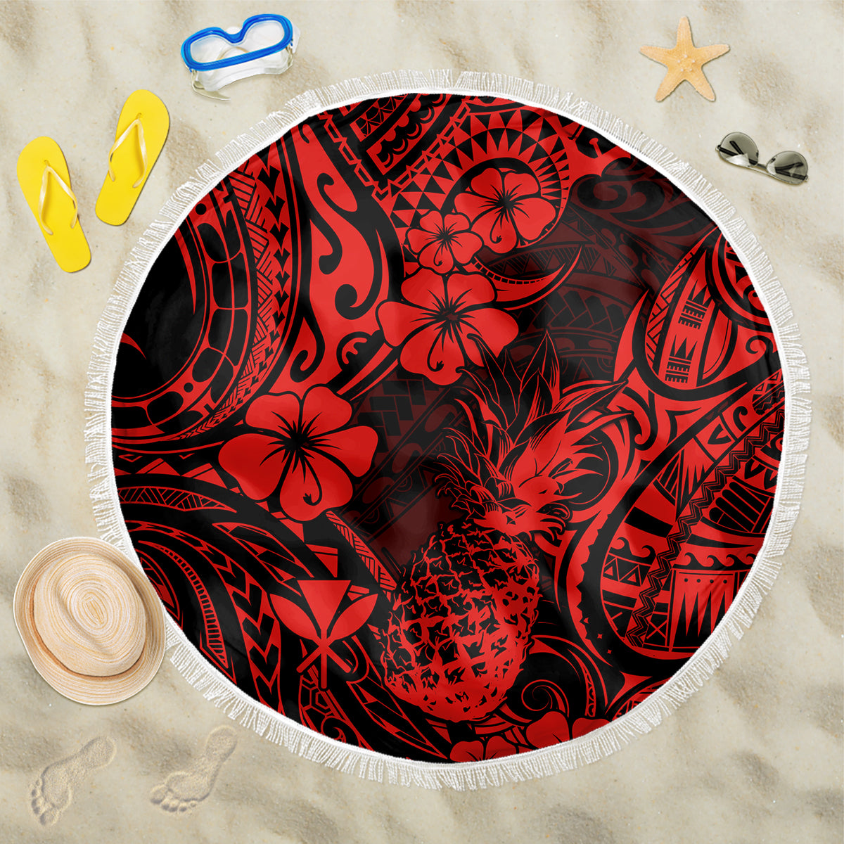 Hawaii Pineapple Beach Blanket Polynesian Pattern Red Version - Wonder Print Shop