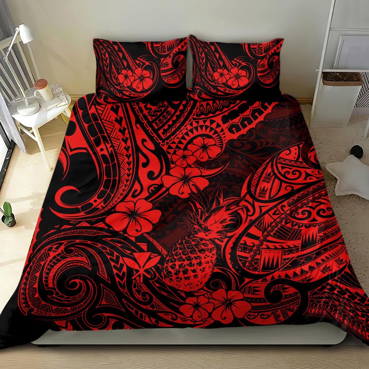 Hawaii Pineapple Bedding Set Polynesian Pattern Red Version - Wonder Print Shop
