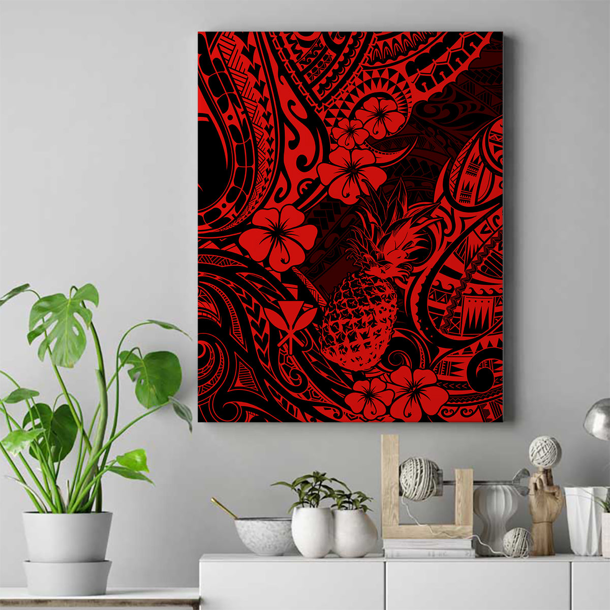 Hawaii Pineapple Canvas Wall Art Polynesian Pattern Red Version - Wonder Print Shop