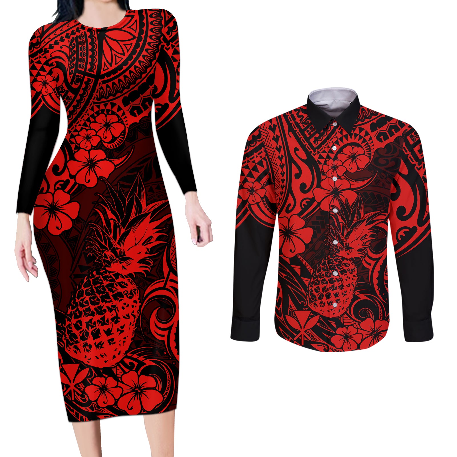 Hawaii Pineapple Couples Matching Long Sleeve Bodycon Dress and Long Sleeve Button Shirts Polynesian Pattern Red Version - Wonder Print Shop