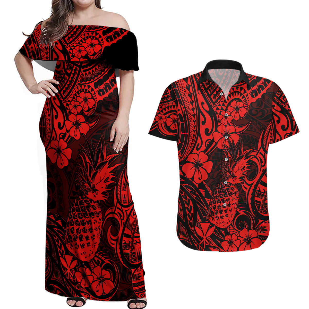 Hawaii Pineapple Couples Matching Off Shoulder Maxi Dress and Hawaiian Shirt Polynesian Pattern Red Version - Wonder Print Shop