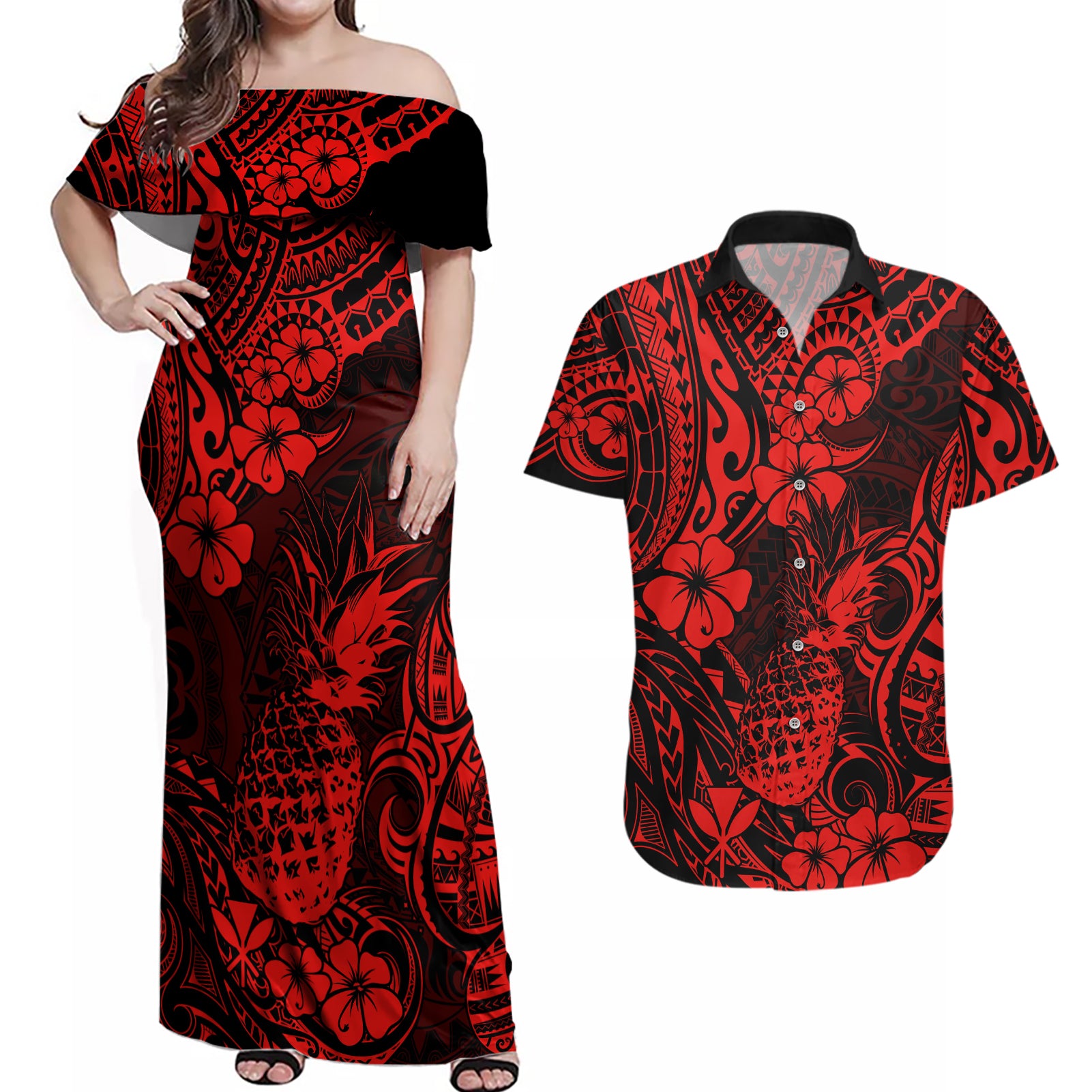 Hawaii Pineapple Couples Matching Off Shoulder Maxi Dress and Hawaiian Shirt Polynesian Pattern Red Version - Wonder Print Shop
