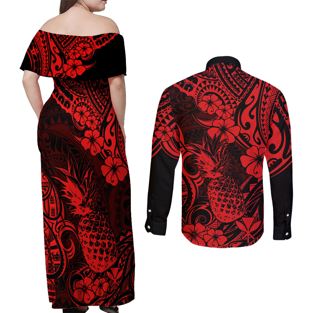 Hawaii Pineapple Couples Matching Off Shoulder Maxi Dress and Long Sleeve Button Shirts Polynesian Pattern Red Version - Wonder Print Shop