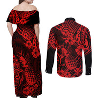 Hawaii Pineapple Couples Matching Off Shoulder Maxi Dress and Long Sleeve Button Shirts Polynesian Pattern Red Version - Wonder Print Shop