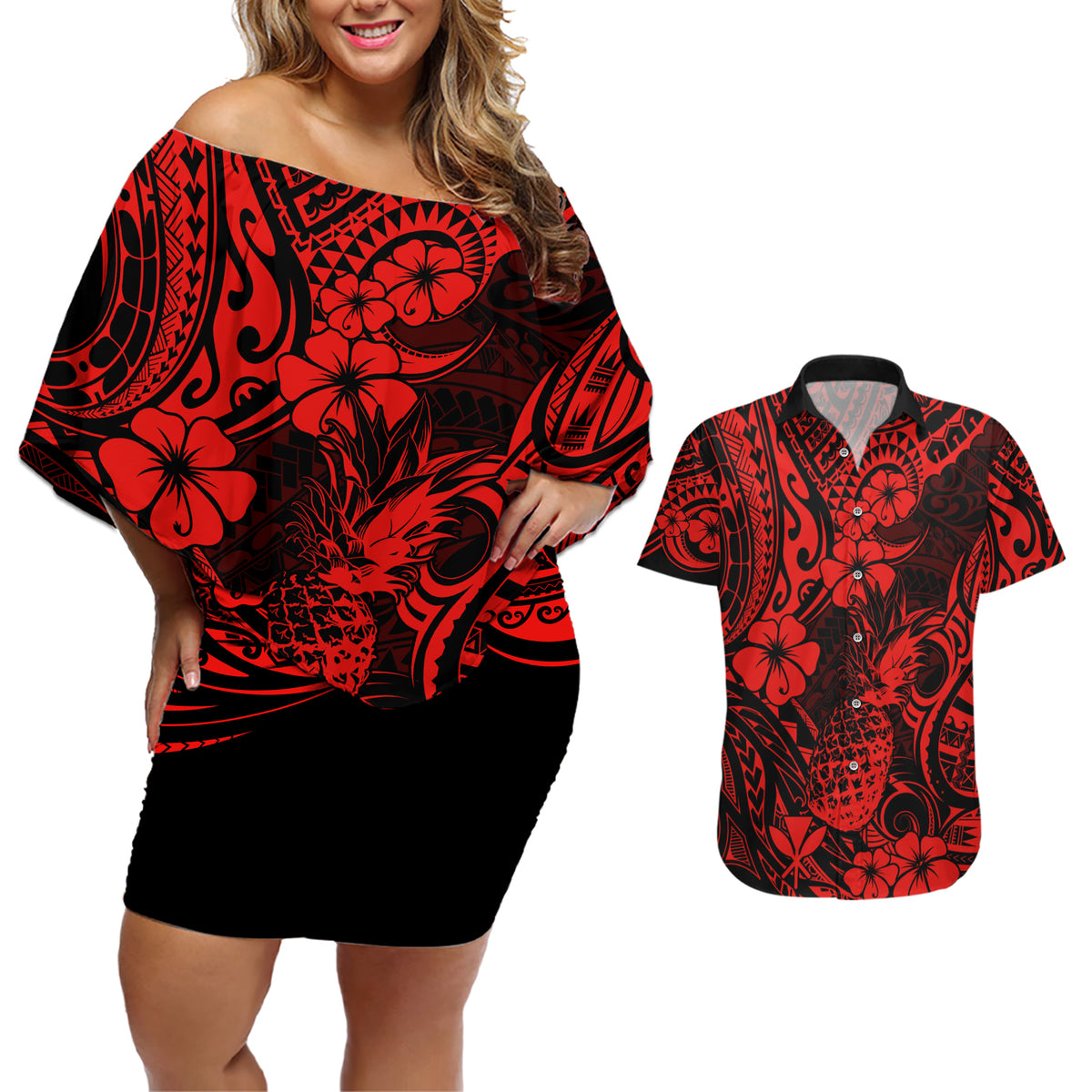 Hawaii Pineapple Couples Matching Off Shoulder Short Dress and Hawaiian Shirt Polynesian Pattern Red Version - Wonder Print Shop