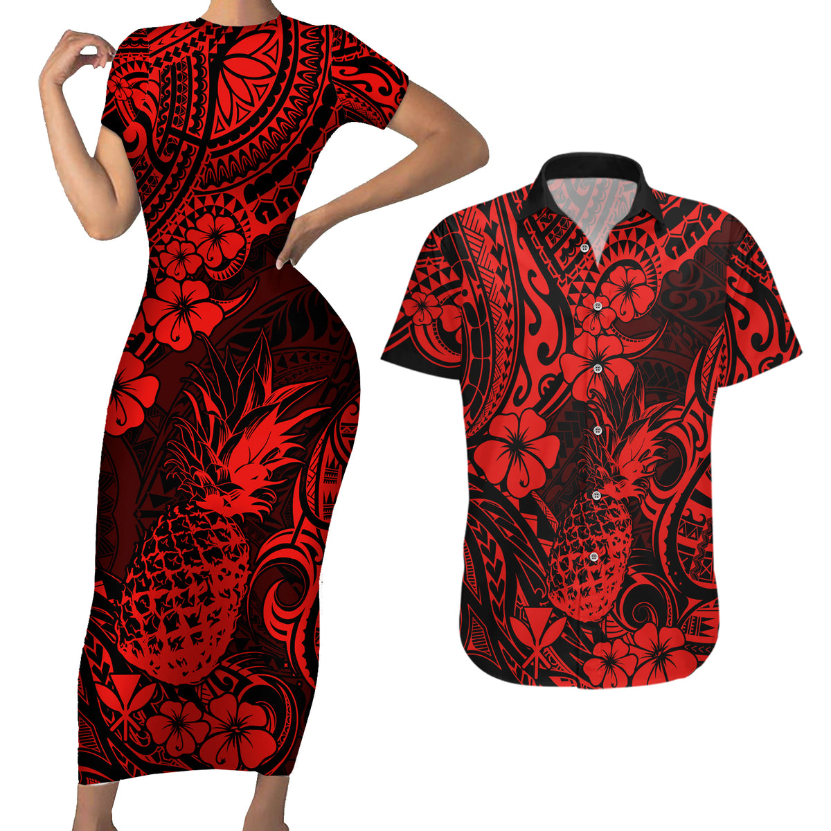Hawaii Pineapple Couples Matching Short Sleeve Bodycon Dress and Hawaiian Shirt Polynesian Pattern Red Version - Wonder Print Shop