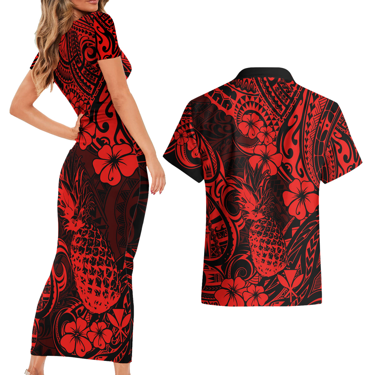 Hawaii Pineapple Couples Matching Short Sleeve Bodycon Dress and Hawaiian Shirt Polynesian Pattern Red Version - Wonder Print Shop