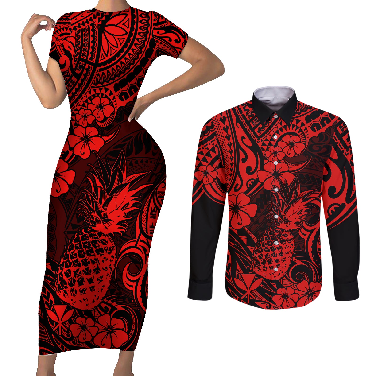 Hawaii Pineapple Couples Matching Short Sleeve Bodycon Dress and Long Sleeve Button Shirts Polynesian Pattern Red Version - Wonder Print Shop