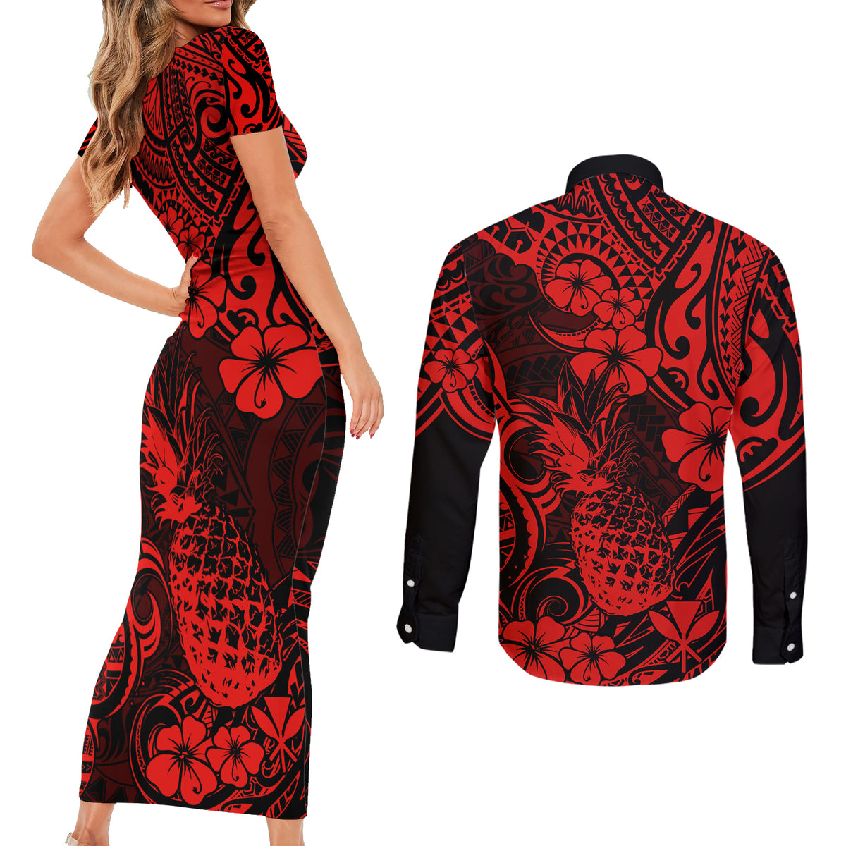Hawaii Pineapple Couples Matching Short Sleeve Bodycon Dress and Long Sleeve Button Shirts Polynesian Pattern Red Version - Wonder Print Shop