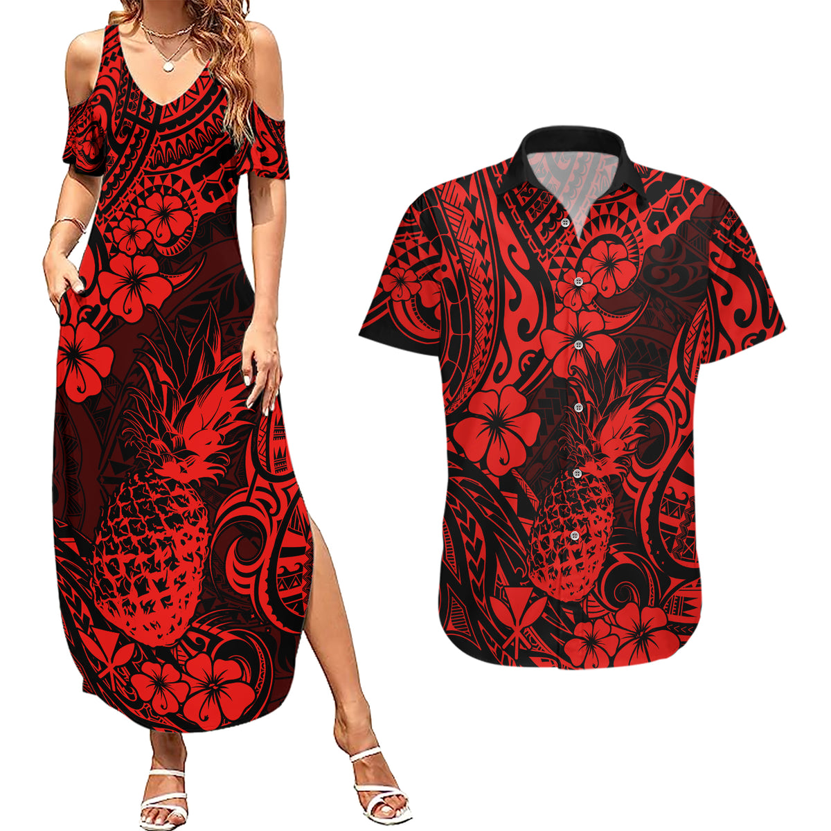 Hawaii Pineapple Couples Matching Summer Maxi Dress and Hawaiian Shirt Polynesian Pattern Red Version - Wonder Print Shop