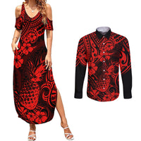 Hawaii Pineapple Couples Matching Summer Maxi Dress and Long Sleeve Button Shirts Polynesian Pattern Red Version - Wonder Print Shop