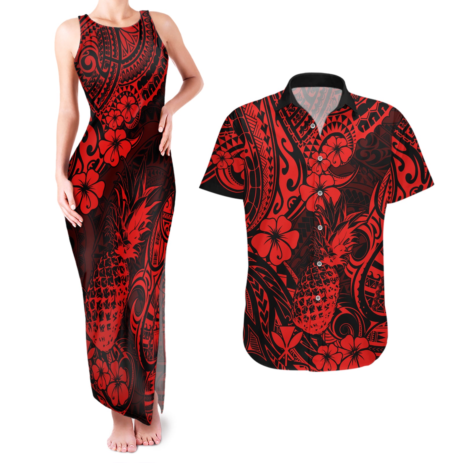 Hawaii Pineapple Couples Matching Tank Maxi Dress and Hawaiian Shirt Polynesian Pattern Red Version - Wonder Print Shop