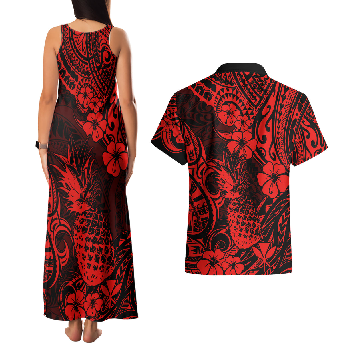 Hawaii Pineapple Couples Matching Tank Maxi Dress and Hawaiian Shirt Polynesian Pattern Red Version - Wonder Print Shop