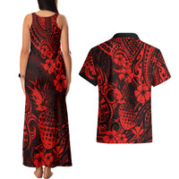 Hawaii Pineapple Couples Matching Tank Maxi Dress and Hawaiian Shirt Polynesian Pattern Red Version - Wonder Print Shop