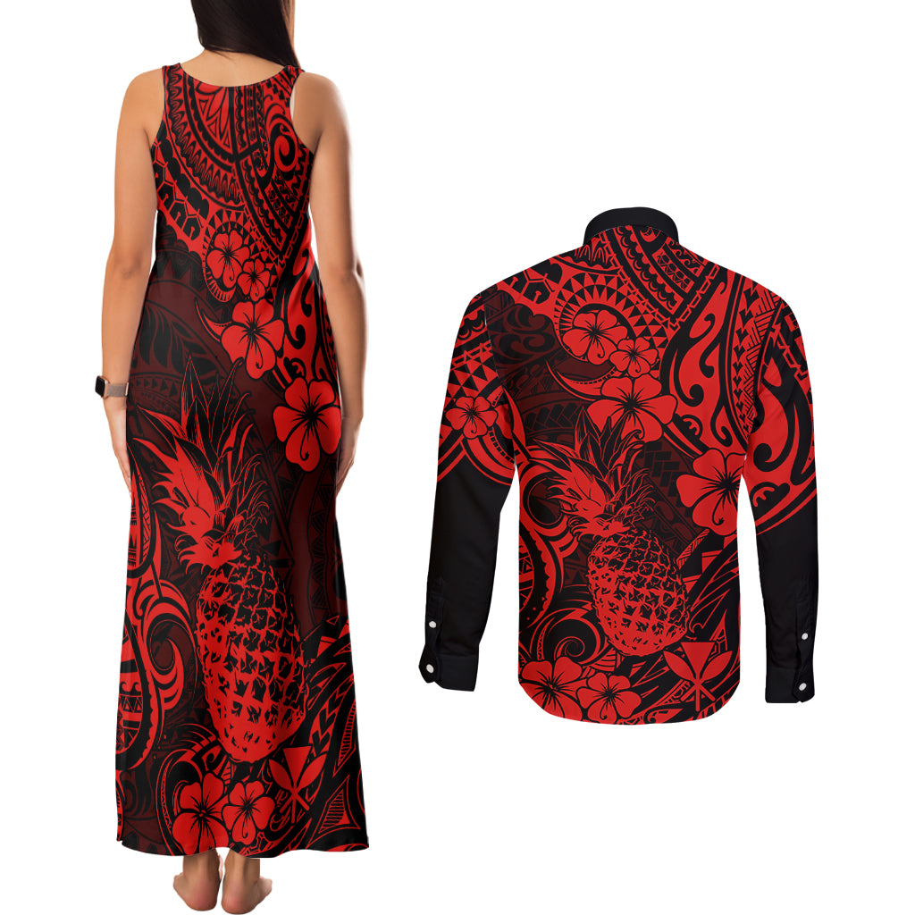 Hawaii Pineapple Couples Matching Tank Maxi Dress and Long Sleeve Button Shirts Polynesian Pattern Red Version - Wonder Print Shop