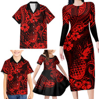 Hawaii Pineapple Family Matching Long Sleeve Bodycon Dress and Hawaiian Shirt Polynesian Pattern Red Version - Wonder Print Shop