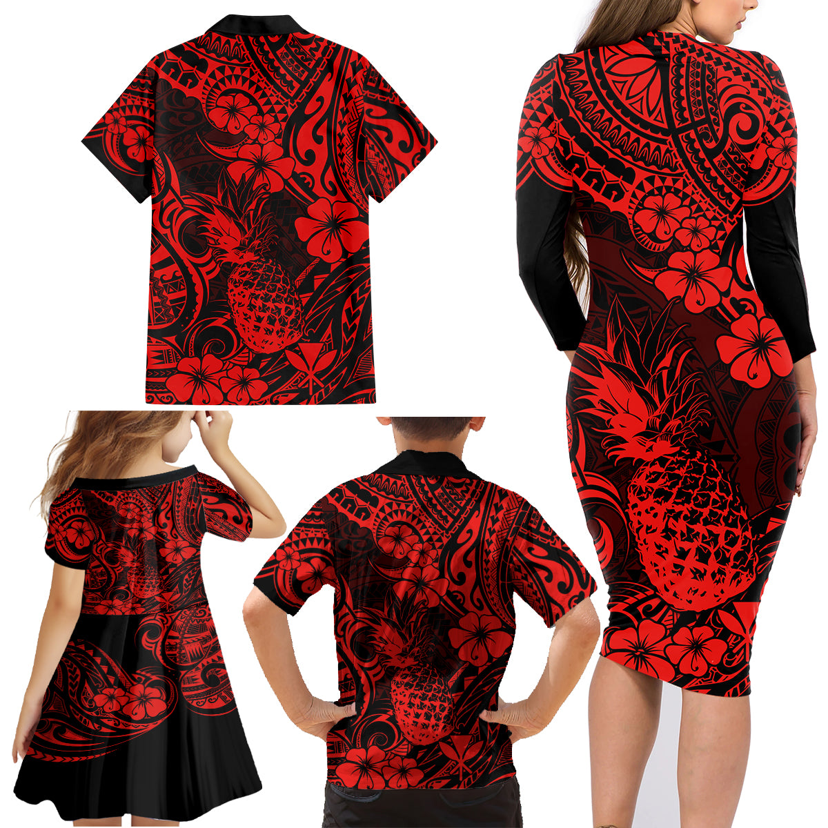 Hawaii Pineapple Family Matching Long Sleeve Bodycon Dress and Hawaiian Shirt Polynesian Pattern Red Version - Wonder Print Shop
