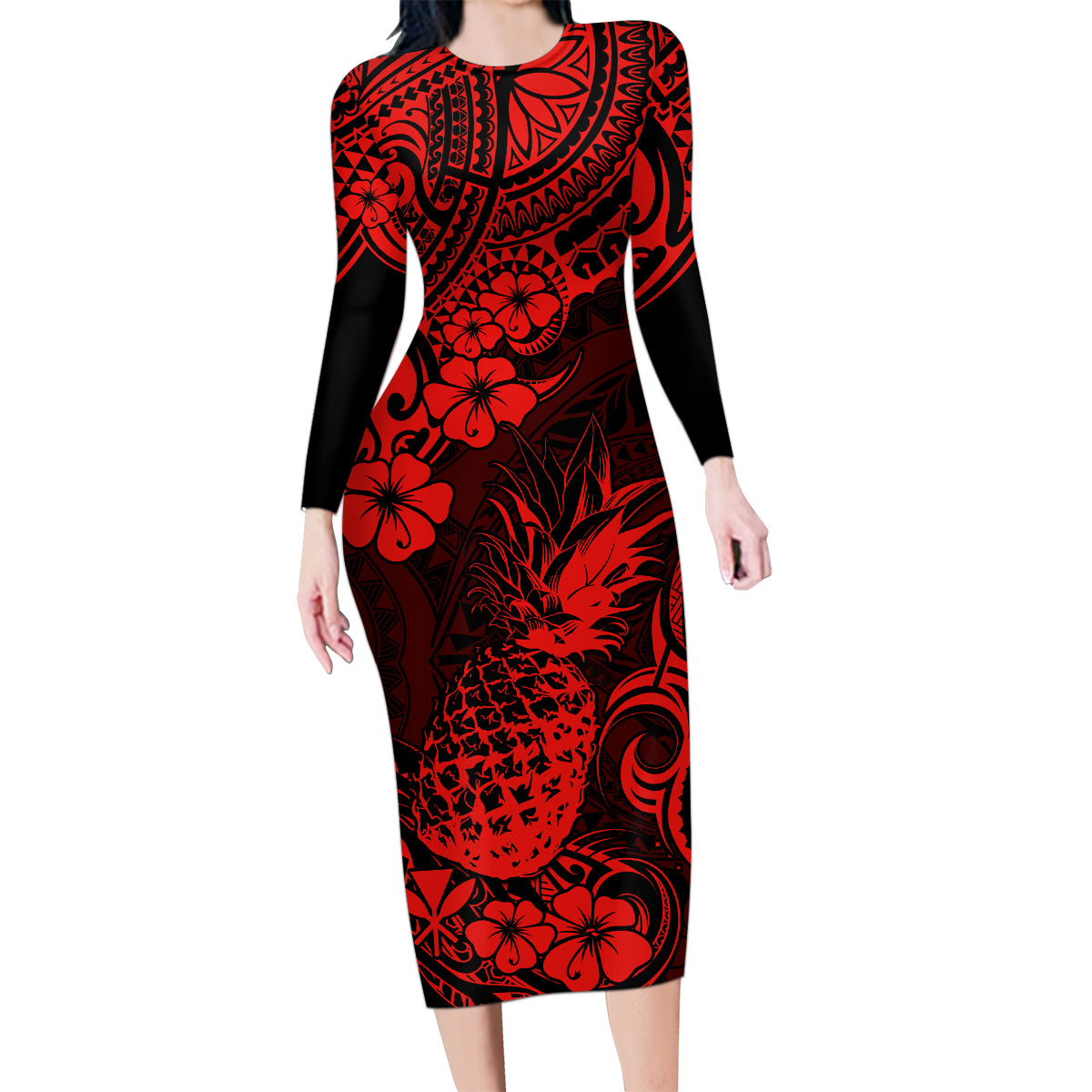 Hawaii Pineapple Family Matching Long Sleeve Bodycon Dress and Hawaiian Shirt Polynesian Pattern Red Version - Wonder Print Shop