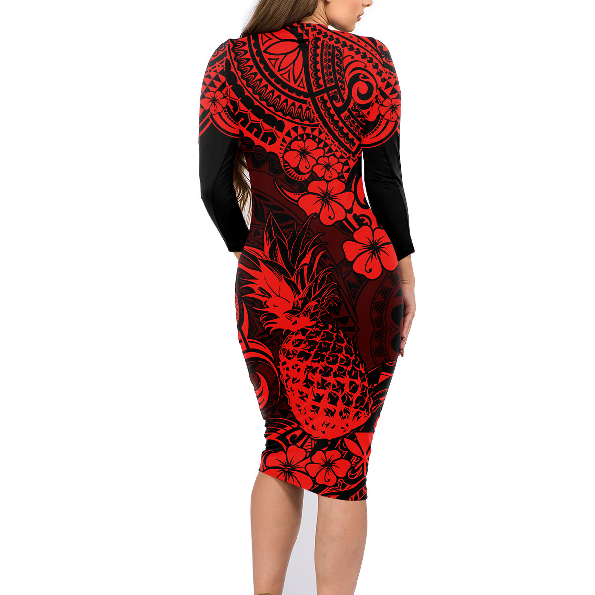 Hawaii Pineapple Family Matching Long Sleeve Bodycon Dress and Hawaiian Shirt Polynesian Pattern Red Version - Wonder Print Shop