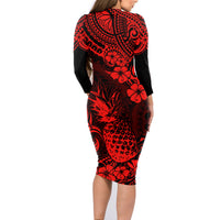 Hawaii Pineapple Family Matching Long Sleeve Bodycon Dress and Hawaiian Shirt Polynesian Pattern Red Version - Wonder Print Shop