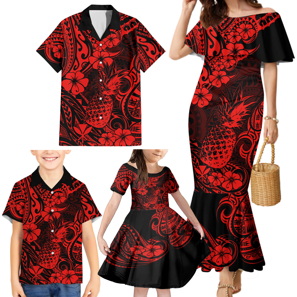 Hawaii Pineapple Family Matching Mermaid Dress and Hawaiian Shirt Polynesian Pattern Red Version - Wonder Print Shop