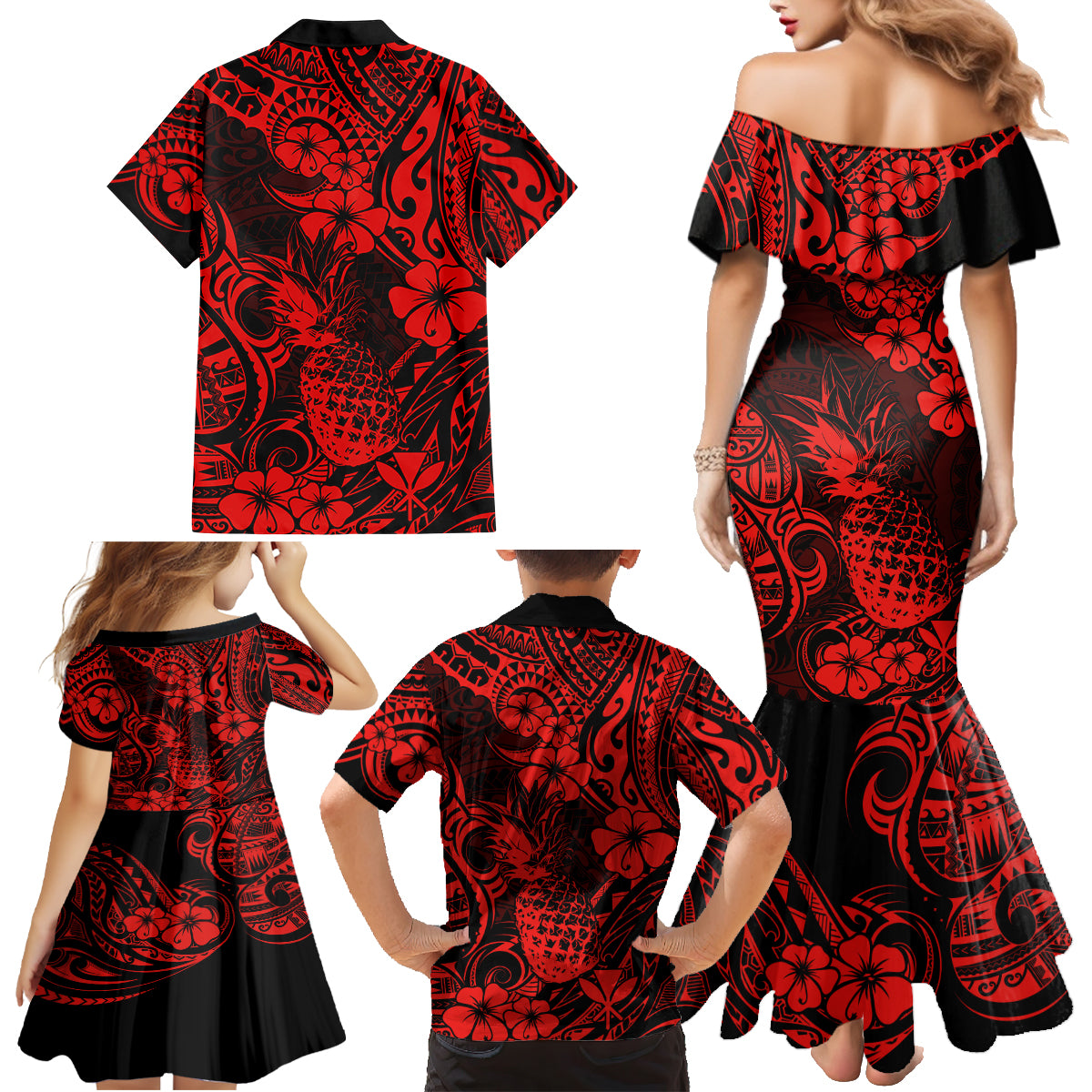 Hawaii Pineapple Family Matching Mermaid Dress and Hawaiian Shirt Polynesian Pattern Red Version - Wonder Print Shop