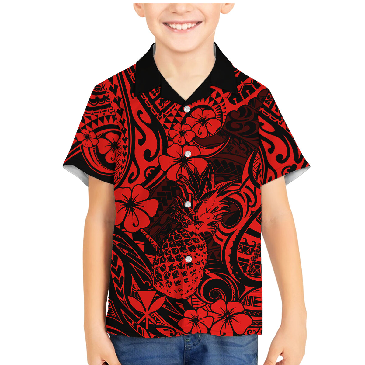 Hawaii Pineapple Family Matching Mermaid Dress and Hawaiian Shirt Polynesian Pattern Red Version - Wonder Print Shop