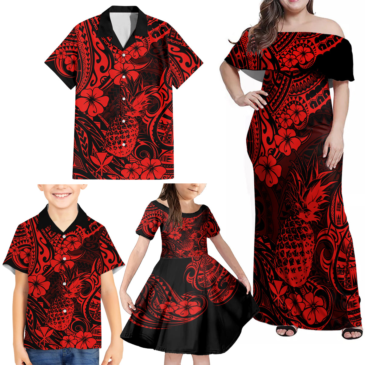 Hawaii Pineapple Family Matching Off Shoulder Maxi Dress and Hawaiian Shirt Polynesian Pattern Red Version - Wonder Print Shop