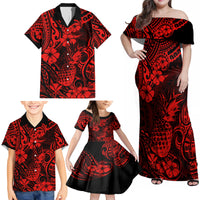Hawaii Pineapple Family Matching Off Shoulder Maxi Dress and Hawaiian Shirt Polynesian Pattern Red Version - Wonder Print Shop