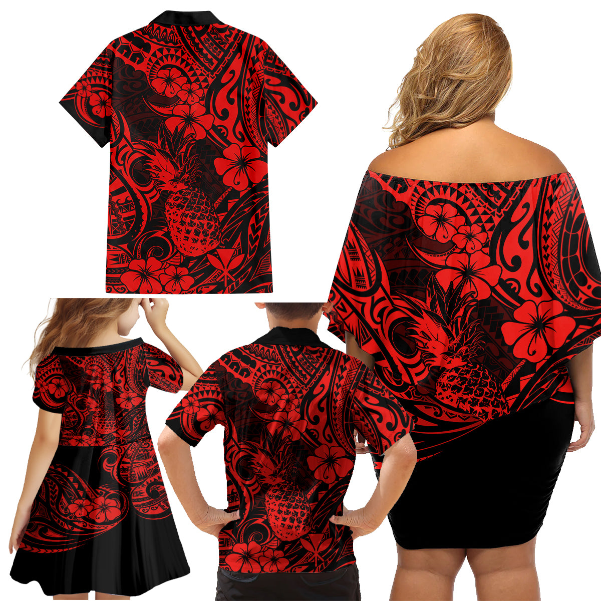 Hawaii Pineapple Family Matching Off Shoulder Short Dress and Hawaiian Shirt Polynesian Pattern Red Version - Wonder Print Shop