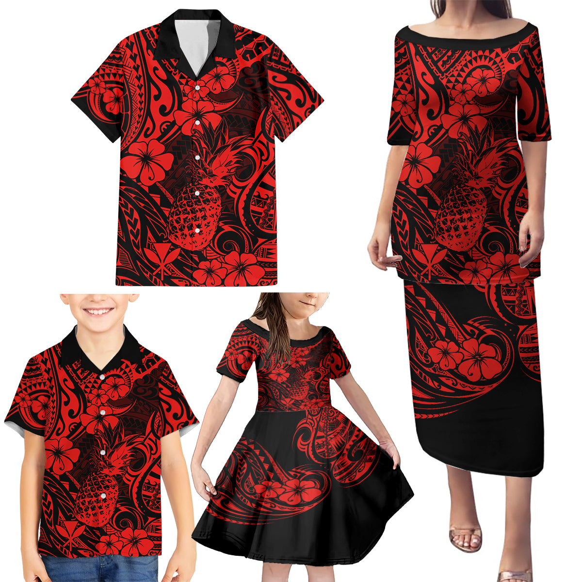 Hawaii Pineapple Family Matching Puletasi Dress and Hawaiian Shirt Polynesian Pattern Red Version - Wonder Print Shop