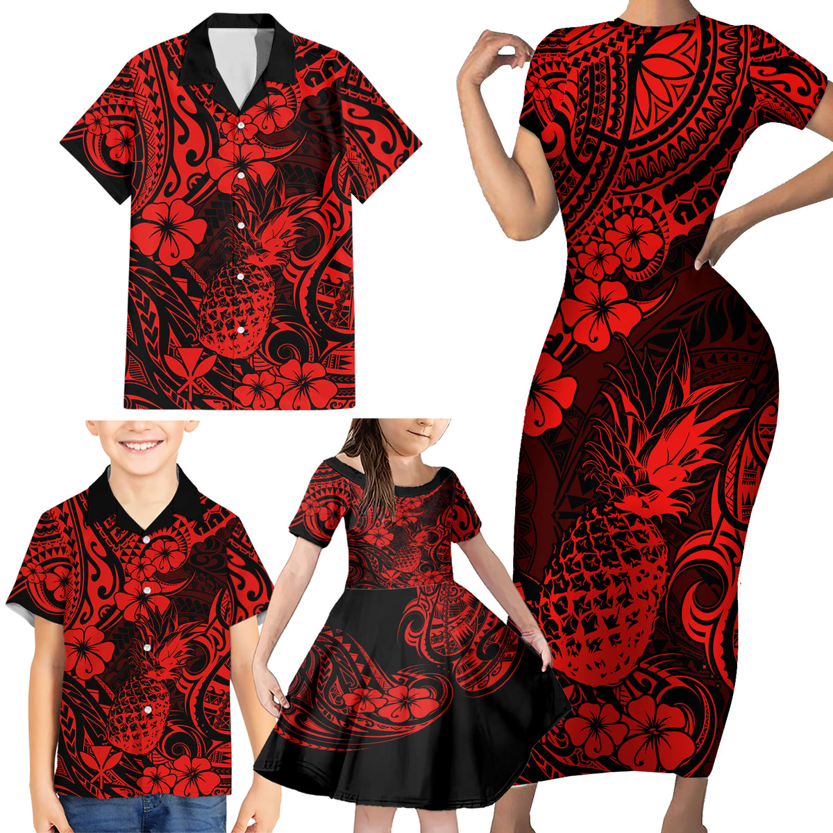 Hawaii Pineapple Family Matching Short Sleeve Bodycon Dress and Hawaiian Shirt Polynesian Pattern Red Version - Wonder Print Shop