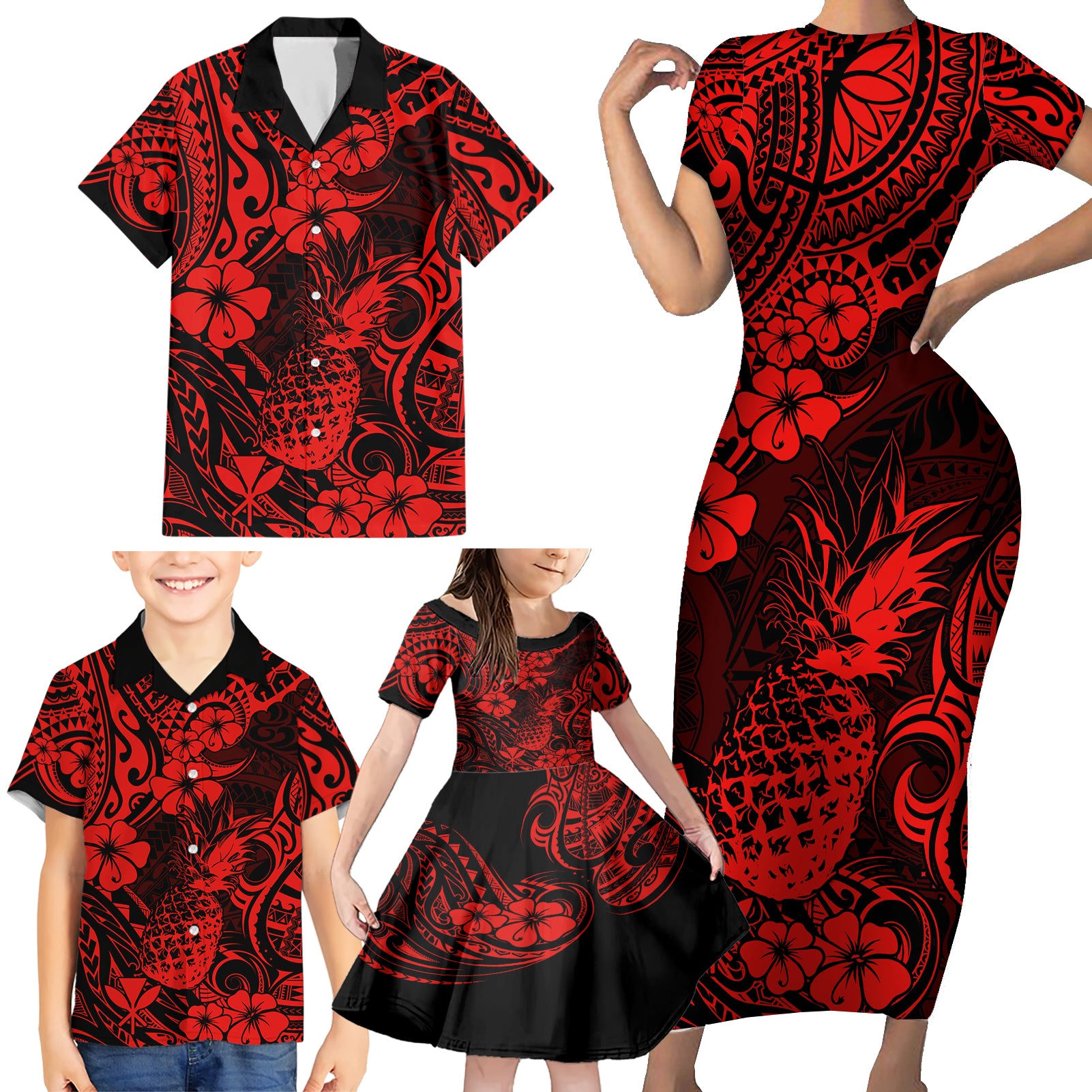 Hawaii Pineapple Family Matching Short Sleeve Bodycon Dress and Hawaiian Shirt Polynesian Pattern Red Version - Wonder Print Shop