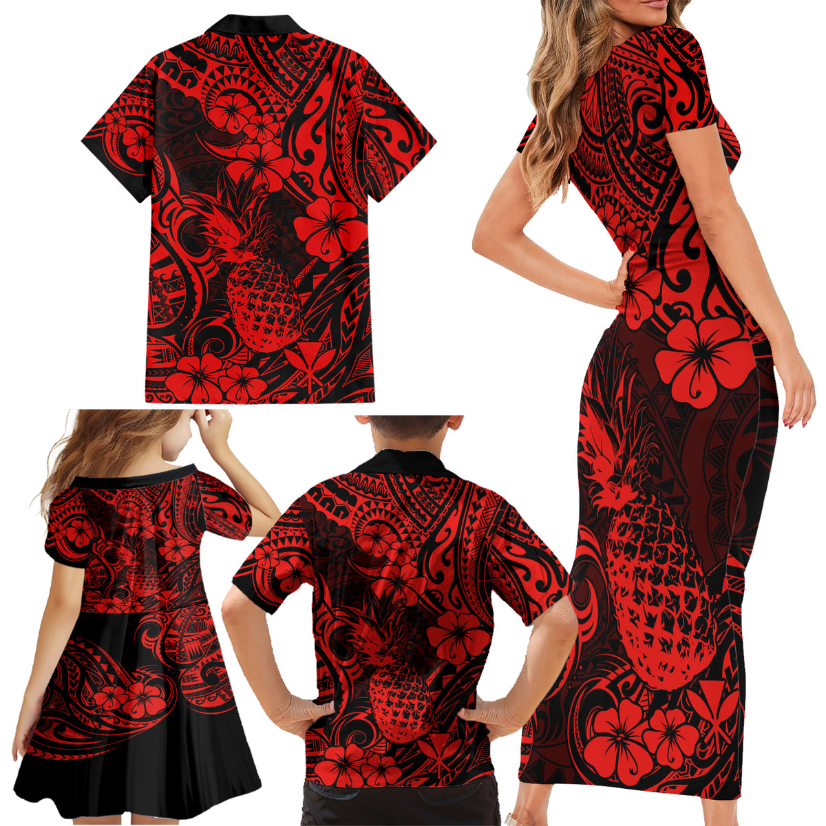 Hawaii Pineapple Family Matching Short Sleeve Bodycon Dress and Hawaiian Shirt Polynesian Pattern Red Version - Wonder Print Shop