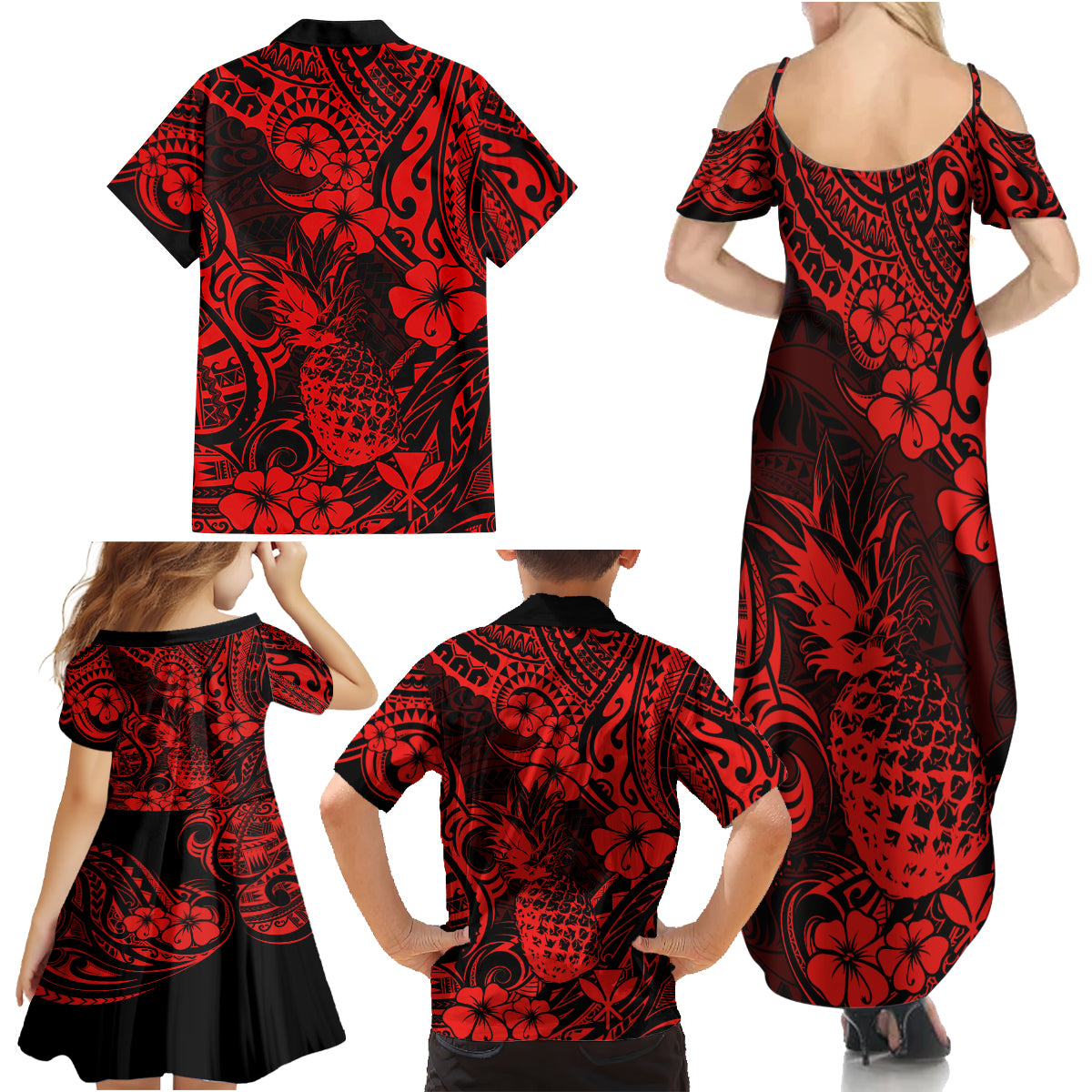 Hawaii Pineapple Family Matching Summer Maxi Dress and Hawaiian Shirt Polynesian Pattern Red Version - Wonder Print Shop
