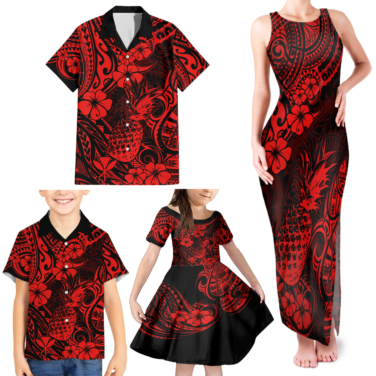 Hawaii Pineapple Family Matching Tank Maxi Dress and Hawaiian Shirt Polynesian Pattern Red Version - Wonder Print Shop