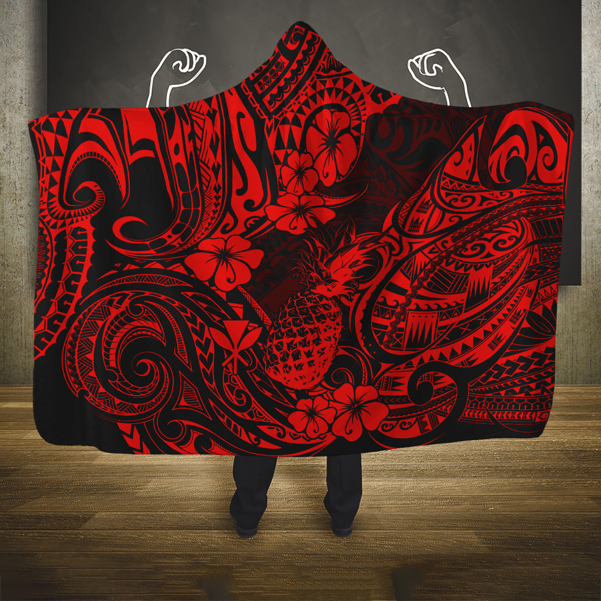hawaii-pineapple-hooded-blanket-polynesian-pattern-red-version